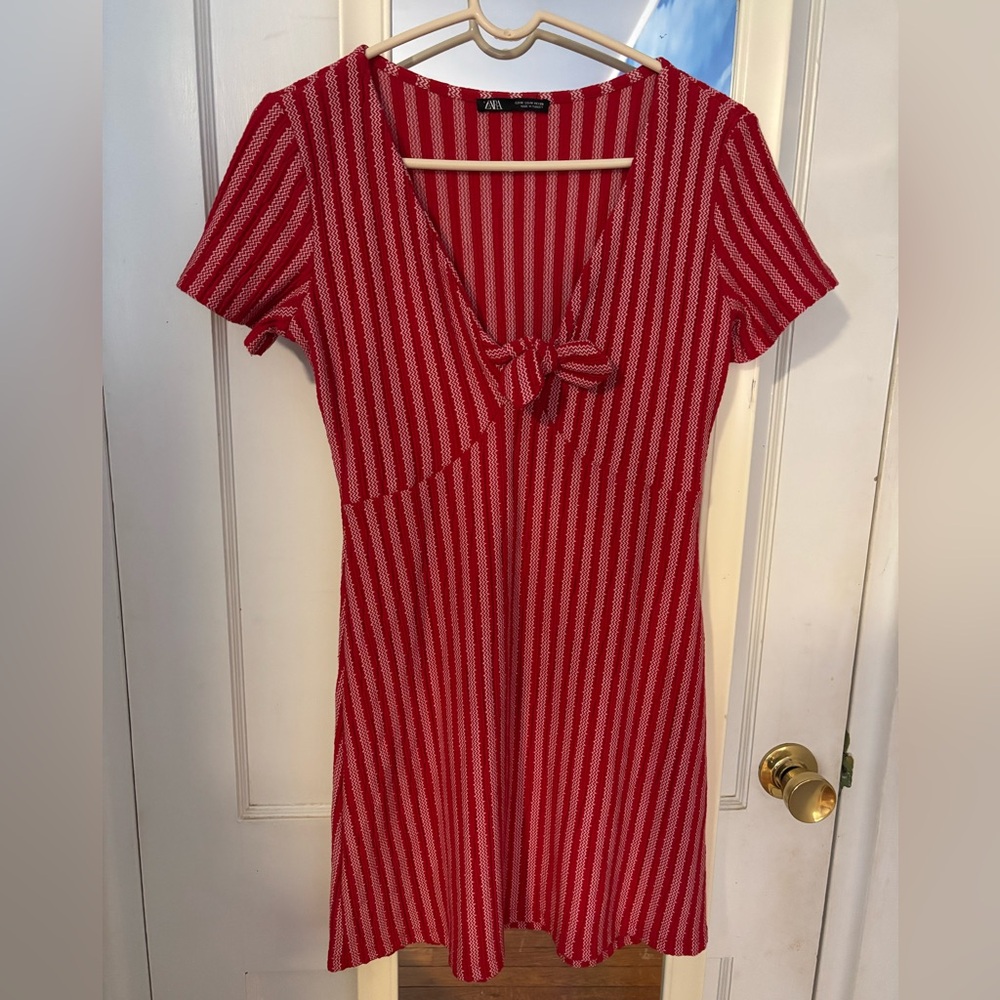 Zara’s Red and White Striped Tie-Front Mini Dress